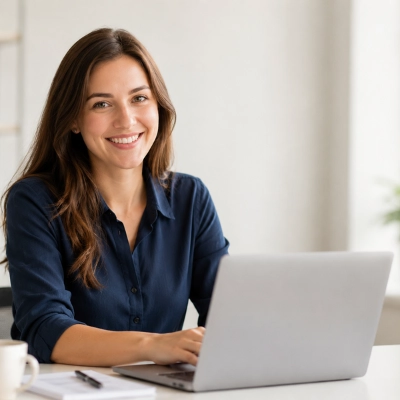 UK University Online Programs in Qatar-A smiling young woman studying online with a laptop at home, representing online university education, flexible learning, and professional development. The image conveys a modern, comfortable learning experience for students pursuing UK university online programs in Qatar.