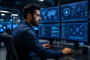 Virscend University Online Programs in Qatar-Cybersecurity professional monitoring digital security systems on multiple screens