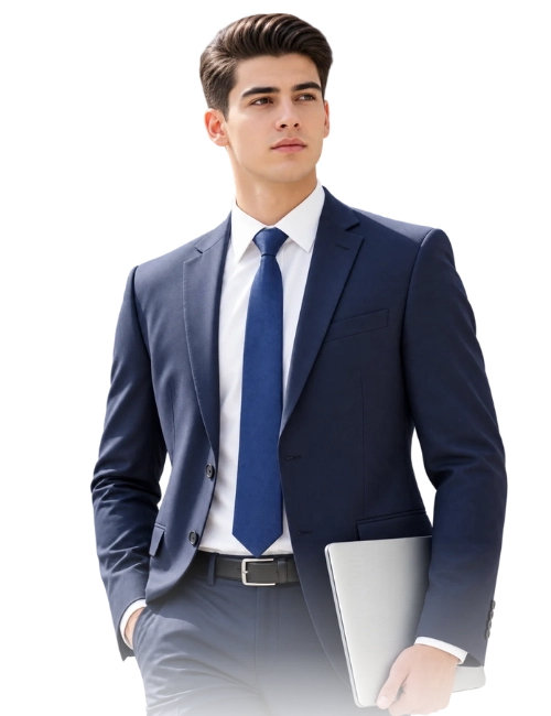 UK Level Diploma Programs in Qatar-A confident young professional man with neatly styled dark hair, wearing a tailored navy-blue business suit, crisp white shirt, and dark blue tie. He stands in a clean studio setting with a plain white background, looking slightly to the side with a professional and ambitious expression. One hand is in his trouser pocket while the other holds a sleek silver laptop. The image has bright, soft lighting, sharp details, realistic skin and fabric textures, and a premium corporate-education photography style