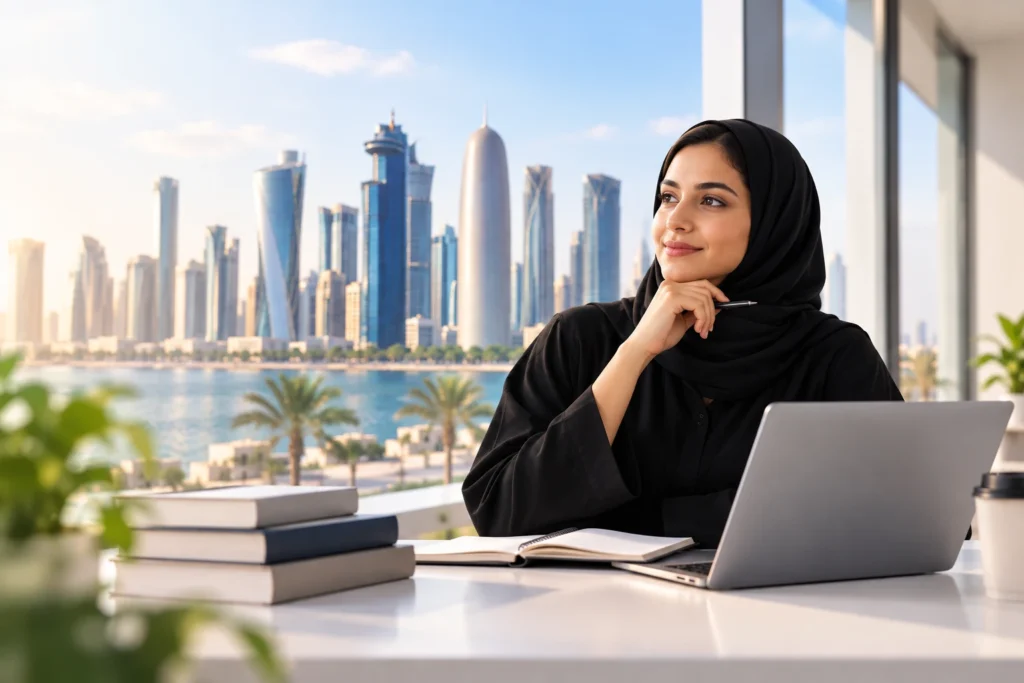 BBA Courses in Qatar Professional woman in a black hijab studying online with a laptop, seated beside books, with the Doha skyline visible through the window.