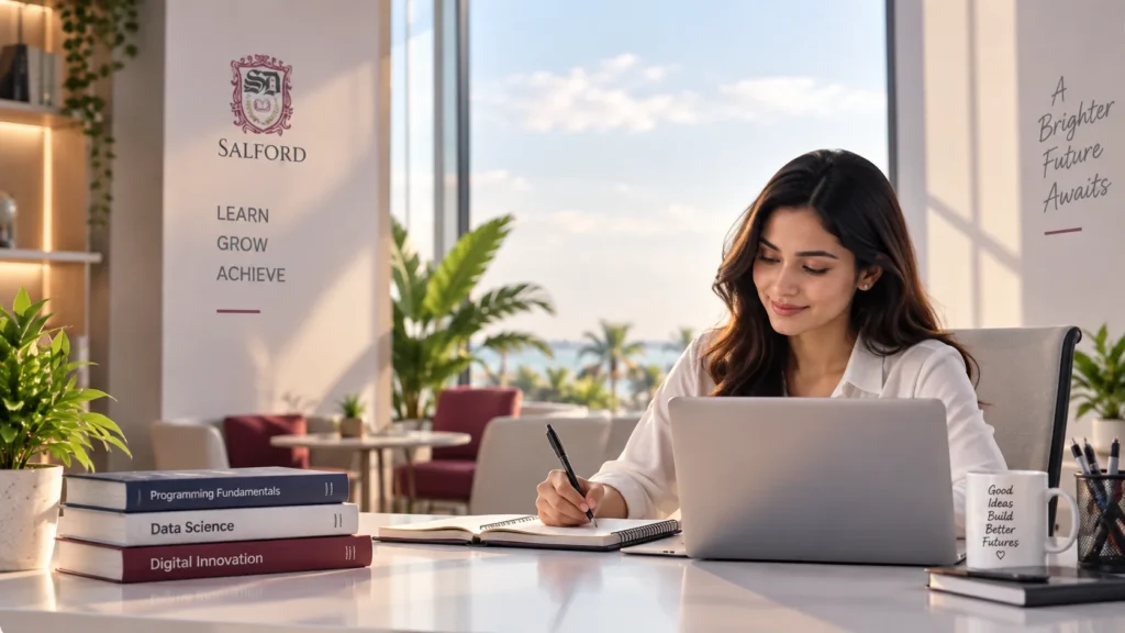 BCA degree programs in Qatar Woman studying online with a laptop and taking notes, representing flexible BCA learning in Qatar for working professionals.