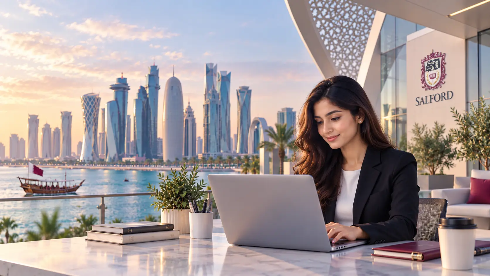 BCA courses in qatar Woman studying BCA courses in Qatar online using a laptop in a modern professional setting.