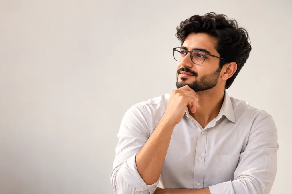 Professional male student in glasses sitting thoughtfully against a clean beige background.