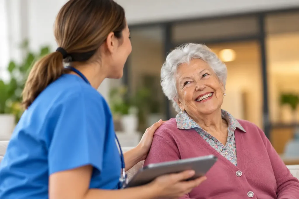Healthcare professional providing compassionate support to an elderly woman in a care setting.