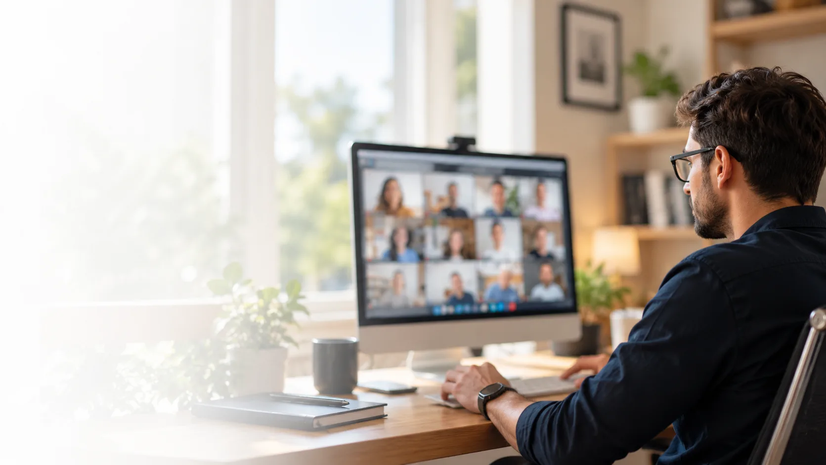 Professional attending an online learning video conference from a home office