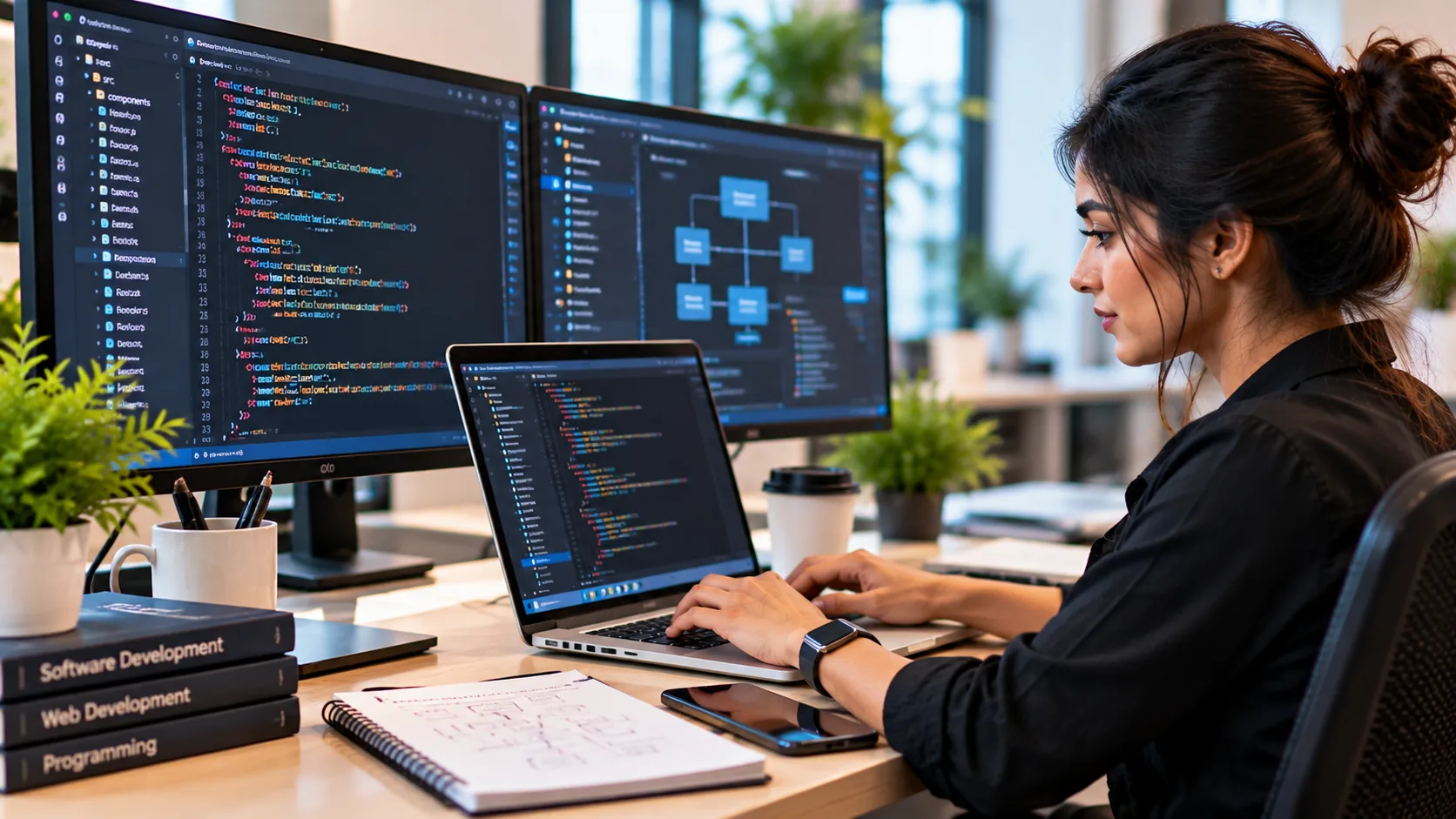 Software developer writing code for programming and software development