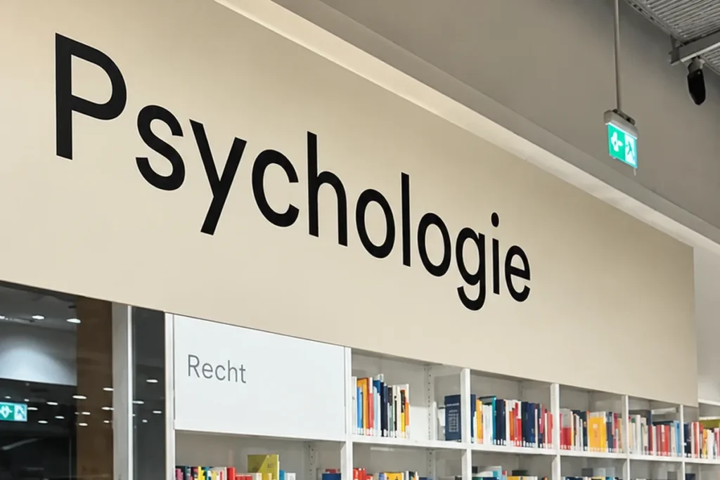 Psychology library with bookshelves and a large Psychologie sign in a university study environment.
