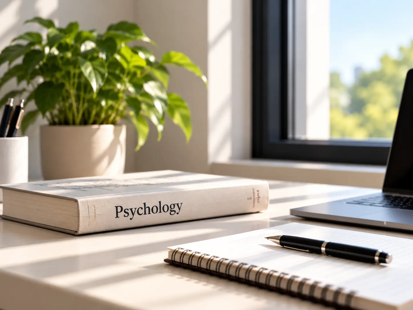 Psychology books, research methods books, an open notebook and pen on a study desk beside a window