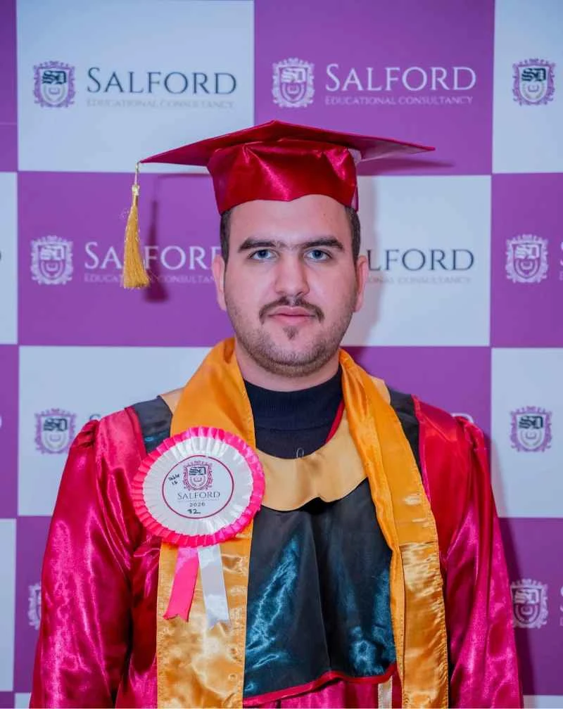 Online MBA graduate celebrating academic achievement with Salford Educational Consultancy in Qatar