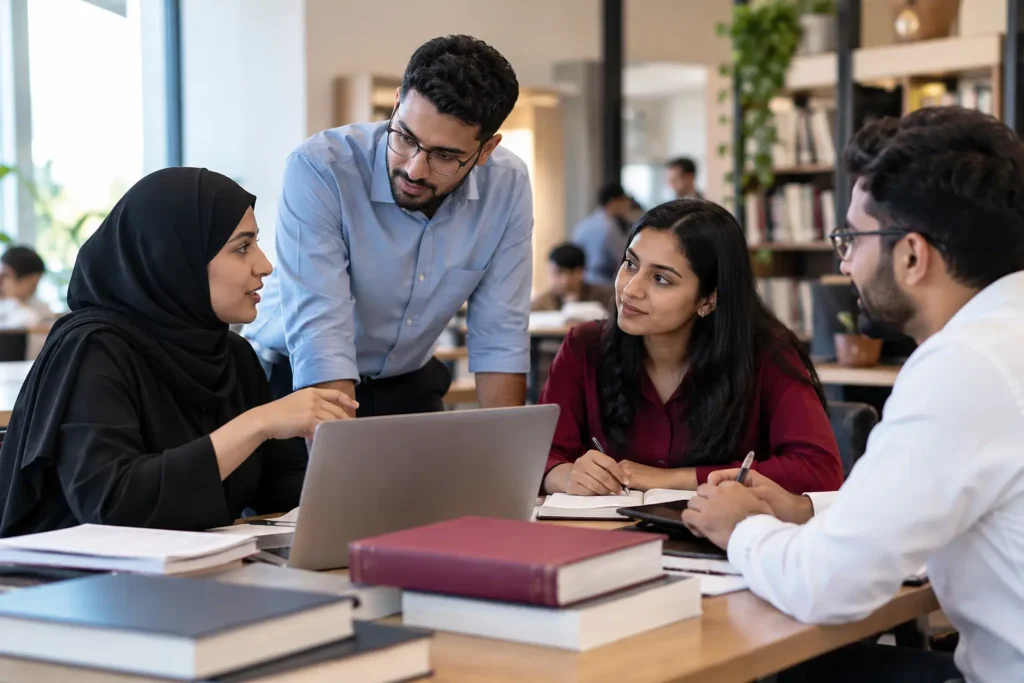Adult learners interacting in a university study setting, illustrating social behaviour and interpersonal relationships.